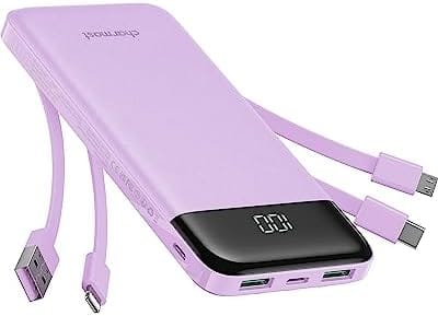 Portable Charger with Built in Cables, Portable Charger with Cords Wires Slim 10000mAh Travel Essentials Battery Pack 6 Outputs 3A High Speed Power Bank for iPhone Samsung Pixel LG Moto iPad