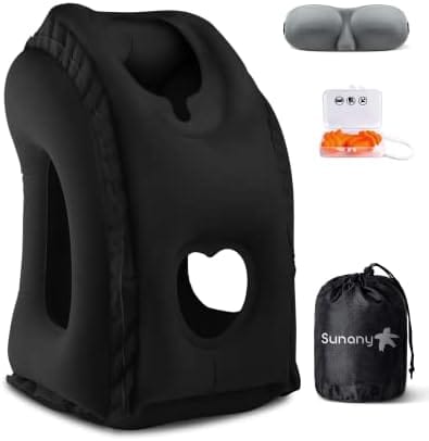 Sunany Travel Pillow, Inflatable Neck Pillow Used for Airplanes/Cars/Buses/Trains/Office Napping with Eye Mask/Earplugs (Balck)