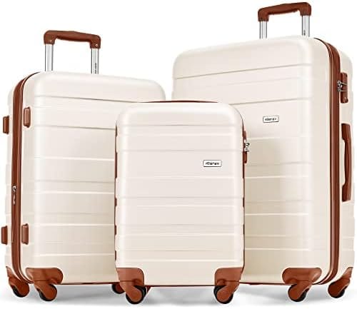 Merax 3 Pcs ABS Hardside Luggage Sets TSA Lock Spinner Wheel Suitcases, Pearly White, 20/24/28 Inch