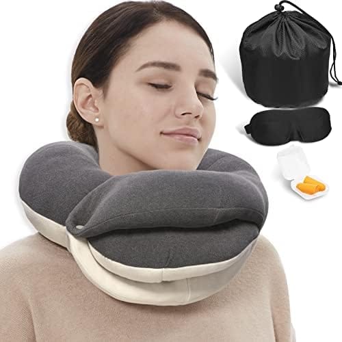 BUYUE Travel Neck Pillows for Airplanes, 360° Head Support Sleep for Long Flight, Skin-Friendly & Breathable, Kit with 3D Contoured Eye Mask, Earplugs and Storage Bag (Adult, Grey, 90+ lbs)