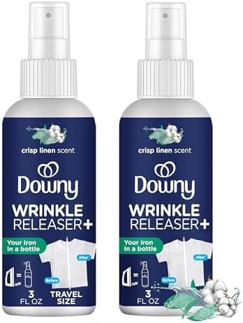 Downy Wrinkle Releaser Spray All In One Wrinkle Release Spray Travel Size, Odor Eliminator, Static Remover Fabric Refresher & Ironing Aid for Clothes 3 Fl Oz (Pack of 2), Crisp Linen Scent