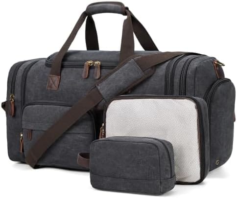 Mens Duffle Bag for Travel 3Pcs Set Travel Bags for Men 60L Expandable Canvas Bag (Dark Gray)