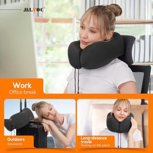 MLVOC Travel Pillow 100% Pure Memory Foam Neck Pillow, Comfortable & Breathable Cover, Machine Washable, Airplane Travel Kit with 3D Contoured Eye Masks, Earplugs, and Luxury Bag, Standard (Black) - Image 6