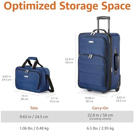 Amazon Basics Luggage Sets, One 23-Inch Carry On Softside Suitcase and One 15-Inch Tote Bag, Suitcase With Wheels, Expandable Extra Space (+15%), Front Pockets and Telescopic Handle, Navy Blue - Image 4