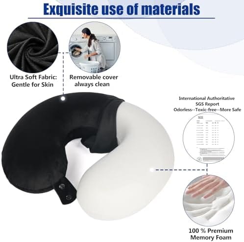 SAIREIDER Travel Pillow 100% Pure Memory Foam Travel Neck Pillow, Airplane Pillow for Traveling、Car、Home、Office，Washable Cover（Black） - Image 4