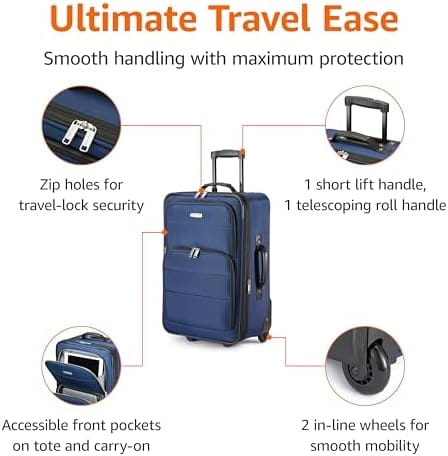 Amazon Basics Luggage Sets, One 23-Inch Carry On Softside Suitcase and One 15-Inch Tote Bag, Suitcase With Wheels, Expandable Extra Space (+15%), Front Pockets and Telescopic Handle, Navy Blue - Image 3