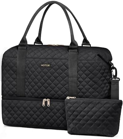 HOTOR Travel Duffel Bag - Weekender Bags for Women, Carry On Bag with Shoe Compartment, Overnight Bag with Toiletry Bag for Travel Essentials and Travel Accessories, Black, 13.4"×17.3"×7.9"