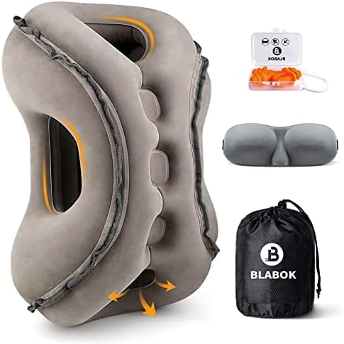 Inflatable Travel Pillow,Multifunction Travel Neck Pillow for Airplane to Avoid Neck and Shoulder Pain,Support Head,Neck,Used for Sleeping Rest, Airplane and Home Use,with Eye Mask, Earplugs,Gray