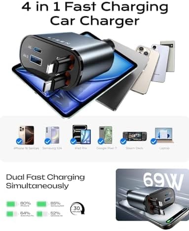 LISEN Retractable Car Charger [69W USB C Car Adapter] for iPhone 16 Car Charger Fast Charging, Valentines Day Gifts for him her Women Men, Car Accessories USBC Car Charger for iPhone 16 15 14 13, Gray - Image 4