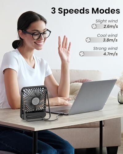 Koonie USB Desk Fan, Strong Wind Ultra Quiet Small Personal Fan with 180° Tilt Folding and 3 Speeds Adjustable, USB-C Corded Powered Mini USB Fan for Office Desktop Bedroom - Image 6