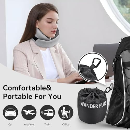 WANDER PLUS® Travel Pillow, 100% Pure Memory Foam Travel Neck Pillow Airplane Neck Support Ergonomic Design Best for Sleeping Plane Car Train Office Flight for Adults Grey - Image 2