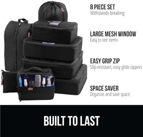 GORILLA GRIP 8 Set Packing Cubes, Travel Essentials for Suitcase, Mesh Organizer Bags for Clothes Toiletries Shoes and Laundry, Luggage and Carry On Airplane Accessories, Traveling Must Haves Black - Image 2