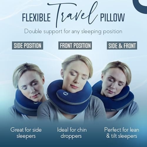 BCOZZY Travel Neck Pillow for Airplane– Patented Double Support for Head, Neck, and Chin. Best for Long Flights, Plane Sleeping, and Car Rides. Adjustable Size. Fully Washable. Carry Bag. Large, Black - Image 3