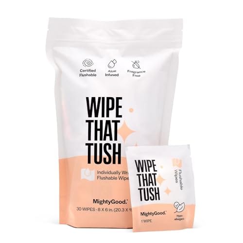 Wipe That Tush On-The-Go Flushable Wet Wipes - 1 Pack, 30 Wipes - Individually Wrapped Extra-Large Wipes with Aloe - Hypoallergenic & Unscented - Septic and Sewer Safe