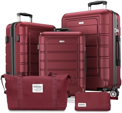 SHOWKOO Luggage Sets Expandable PC+ABS Durable Suitcase Double Wheels TSA Lock 5pcs Wine Red