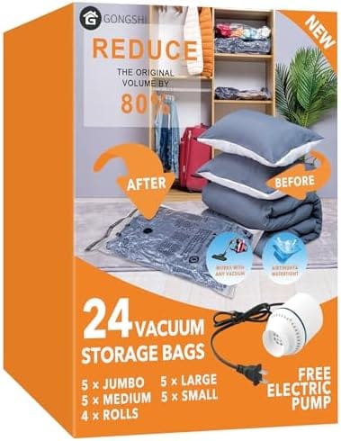 24 Pack Vacuum Storage Bags with Electric Pump, (5 Jumbo, 5 Large, 5 Medium, 5 Small, 4 Roll Up Bags) Space Saver Bag for Clothes, Mattress, Blanket, Duvets, Pillows, Comforters,Travel