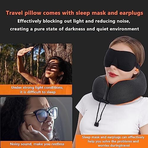 MLVOC Travel Pillow 100% Pure Memory Foam Neck Pillow, Comfortable & Breathable Cover, Machine Washable, Airplane Travel Kit with 3D Contoured Eye Masks, Earplugs, and Luxury Bag, Standard (Black) - Image 3