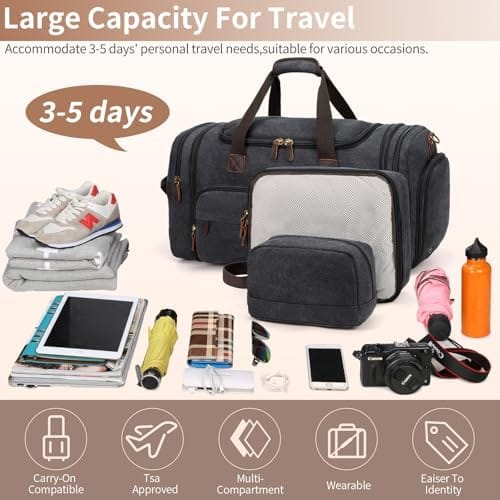 Mens Duffle Bag for Travel 3Pcs Set Travel Bags for Men 60L Expandable Canvas Bag (Dark Gray) - Image 6