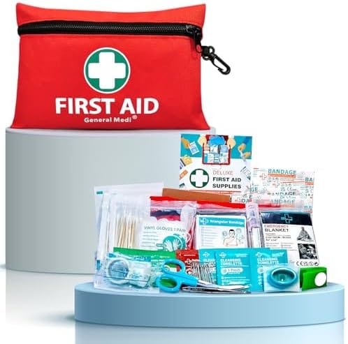 General Medi Mini First Aid Kit, 110 Piece Small First Aid Kit - Includes Emergency Foil Blanket, Scissors for Travel, Home, Office, Vehicle, Camping, Workplace & Outdoor (Red)