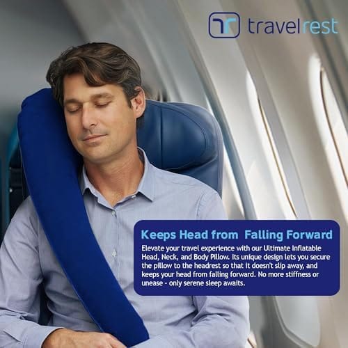 TRAVELREST Ultimate Travel Pillow & Body Pillow - Headrest, Auto, Bus, Train, Office Napping, Camping, Wheelchairs, Comfort and Support, Rolls Up, Straps to Airplane Seat & Car - Blue - Image 2