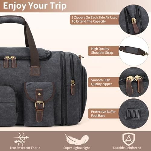 Mens Duffle Bag for Travel 3Pcs Set Travel Bags for Men 60L Expandable Canvas Bag (Dark Gray) - Image 2