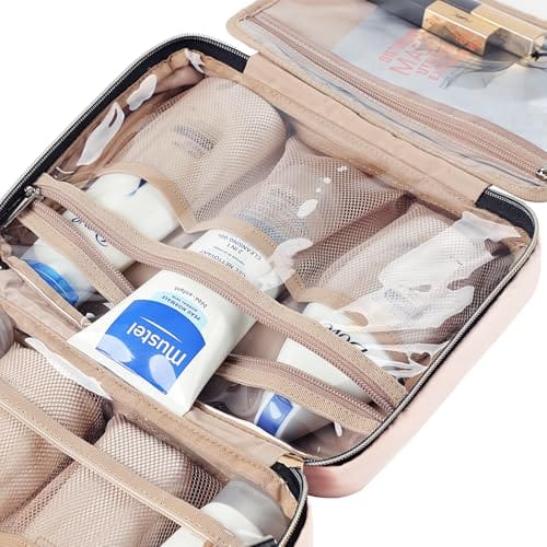 NISHEL Travel Toiletry Bag for women, Portable Hanging Organizer for Travel-Sized Shampoo, Conditioner, Brushes Set, makeup Accessories, Medium Size, Pink - Image 6