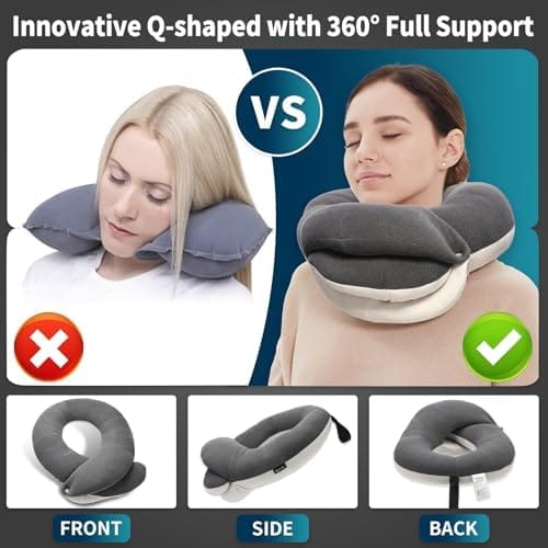 BUYUE Travel Neck Pillows for Airplanes, 360° Head Support Sleep for Long Flight, Skin-Friendly & Breathable, Kit with 3D Contoured Eye Mask, Earplugs and Storage Bag (Adult, Grey, 90+ lbs) - Image 3