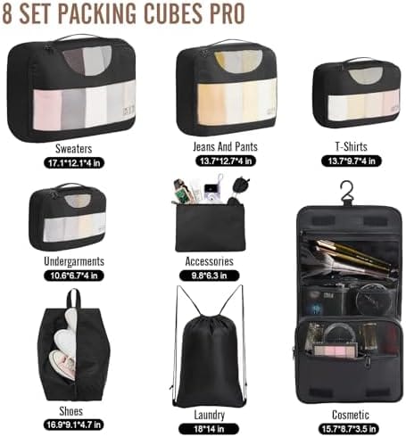 Veken 8 Set Packing Cubes for Travel, Suitcase Essentials Organizer Bags Set for Luggage, Road Trip Travel Accessories in 4 Sizes (Extra Large, Large, Medium, Small), Black - Image 2