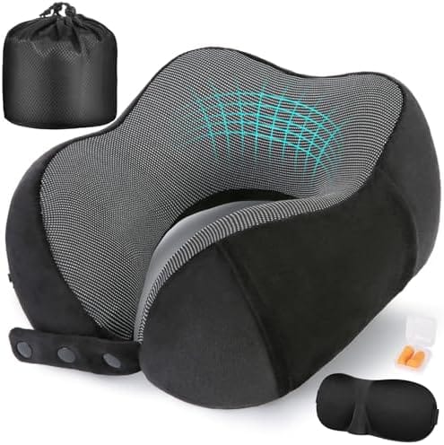 Neck Pillow for Traveling, Travel Pillows for Airplanes,100% Pure Memory Foam Travel Neck Pillow, Adjustable Flight Pillow, Portable Plane Accessories with Eye Mask, Earplugs, Carry Bag