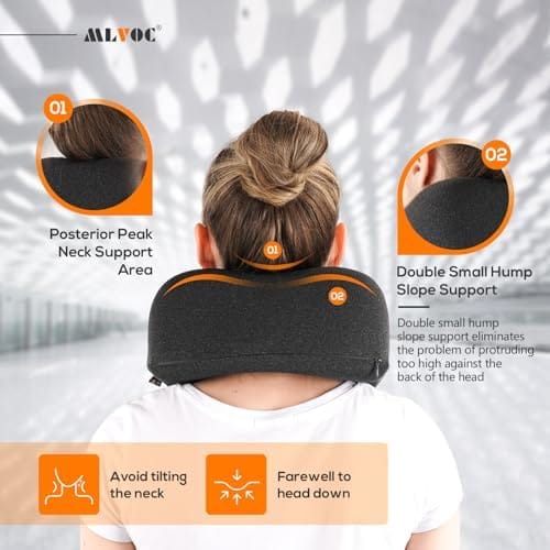 MLVOC Travel Pillow 100% Pure Memory Foam Neck Pillow, Comfortable & Breathable Cover, Machine Washable, Airplane Travel Kit with 3D Contoured Eye Masks, Earplugs, and Luxury Bag, Standard (Black) - Image 5