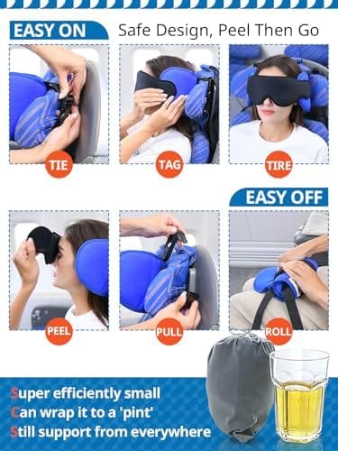 Travel Pillows for Airplanes, Airplane Pillow for Long Flight, Airplane Head Strap with Eye Mask for Sleep, Travel Neck Pillow for Car Road Trip, 360° Support Headrest, Stop Bobblehead, Black - Image 4