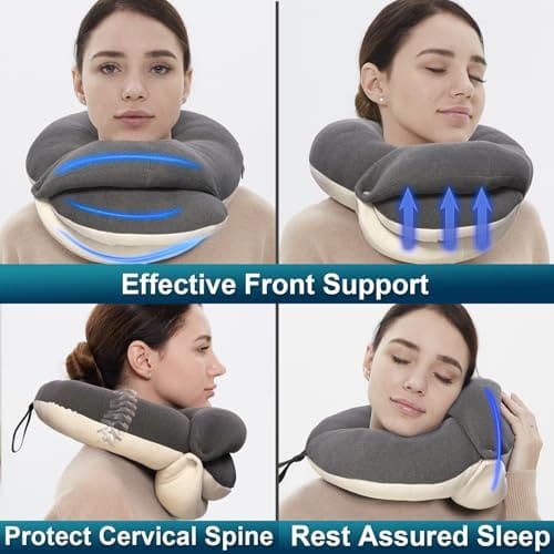 BUYUE Travel Neck Pillows for Airplanes, 360° Head Support Sleep for Long Flight, Skin-Friendly & Breathable, Kit with 3D Contoured Eye Mask, Earplugs and Storage Bag (Adult, Grey, 90+ lbs) - Image 2