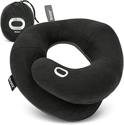 BCOZZY Travel Neck Pillow for Airplane– Patented Double Support for Head, Neck, and Chin. Best for Long Flights, Plane Sleeping, and Car Rides. Adjustable Size. Fully Washable. Carry Bag. Large, Black