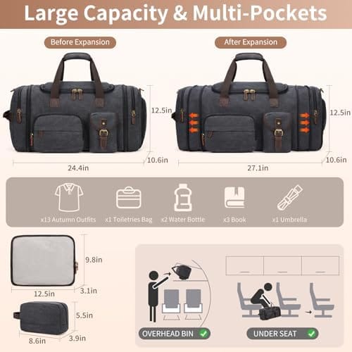 Mens Duffle Bag for Travel 3Pcs Set Travel Bags for Men 60L Expandable Canvas Bag (Dark Gray) - Image 4