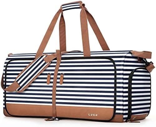 Lekesky Foldable Travel Duffle Bag for Women, 80L Large Duffel Bag with Separate Shoes Compartments & Straps, Carry On Weekend Bag for Women, Hospital, Overnight (Blue Stripes)