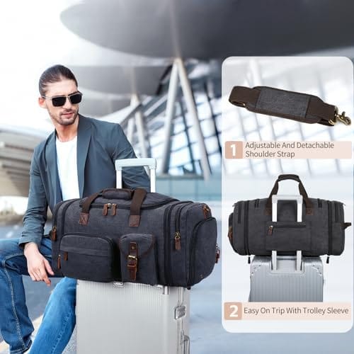 Mens Duffle Bag for Travel 3Pcs Set Travel Bags for Men 60L Expandable Canvas Bag (Dark Gray) - Image 5