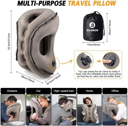 Inflatable Travel Pillow,Multifunction Travel Neck Pillow for Airplane to Avoid Neck and Shoulder Pain,Support Head,Neck,Used for Sleeping Rest, Airplane and Home Use,with Eye Mask, Earplugs,Gray - Image 6