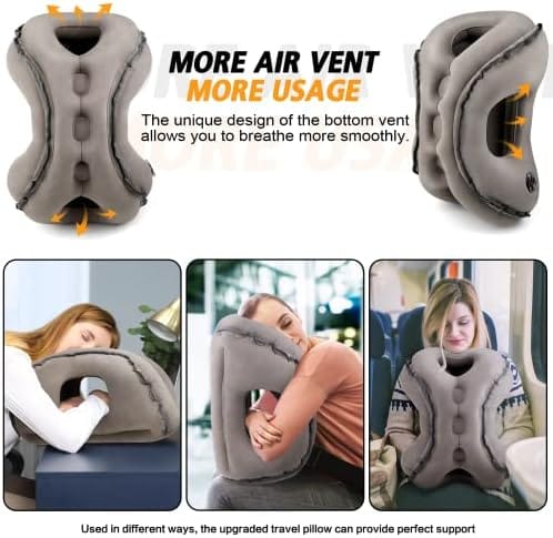 Inflatable Travel Pillow,Multifunction Travel Neck Pillow for Airplane to Avoid Neck and Shoulder Pain,Support Head,Neck,Used for Sleeping Rest, Airplane and Home Use,with Eye Mask, Earplugs,Gray - Image 4