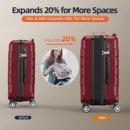 SHOWKOO Luggage Sets Expandable PC+ABS Durable Suitcase Double Wheels TSA Lock 5pcs Wine Red - Image 6