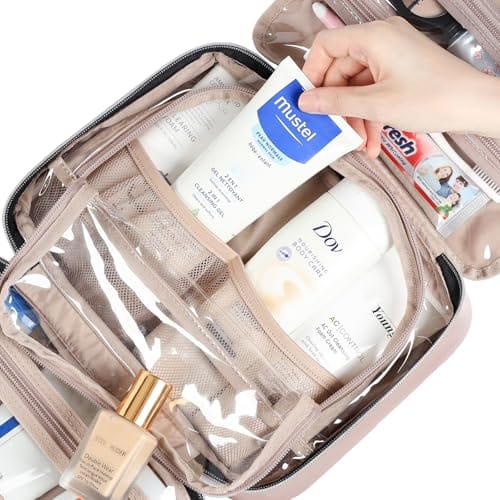 NISHEL Travel Toiletry Bag for women, Portable Hanging Organizer for Travel-Sized Shampoo, Conditioner, Brushes Set, makeup Accessories, Medium Size, Pink - Image 5