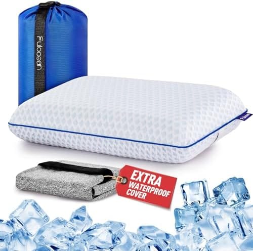 Travel & Camping Cooling Memory Foam Pillow for Backpacking & Airplanes, Medium Firm Small Camp Pillow for Hiking & Car Sleeping with Washable Bamboo Rayon Cover, Neck Support Portable Bag Compact